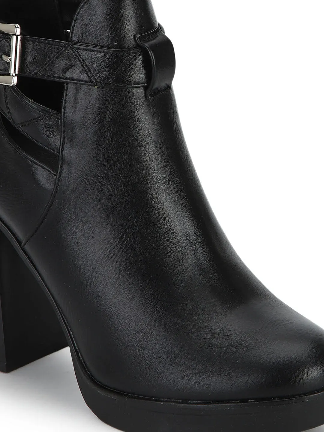 Black PU Buckle Block High Heel Ankle Boots