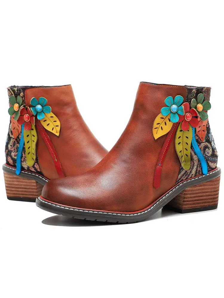 Handmade Floral Leather Flat Ankle Boots