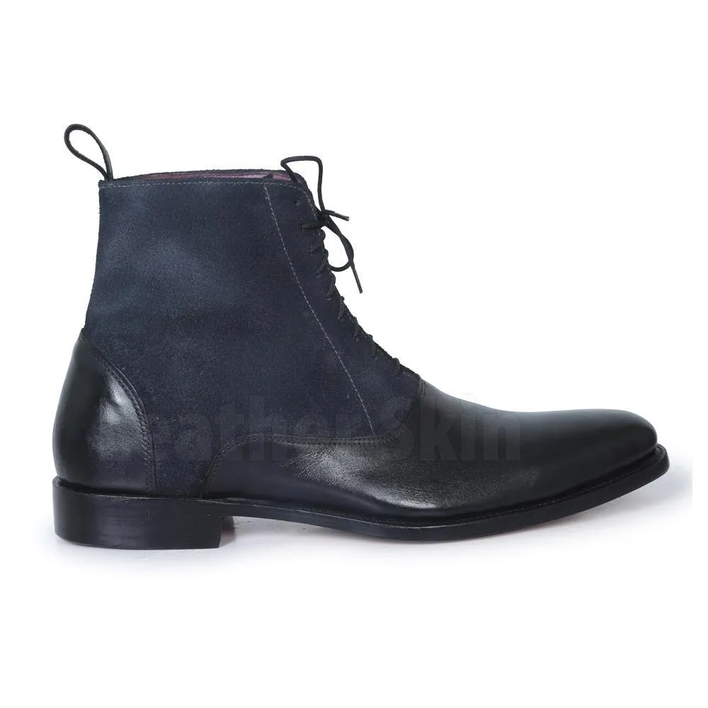 Men Black Lace Up Suede & Genuine Leather Boots