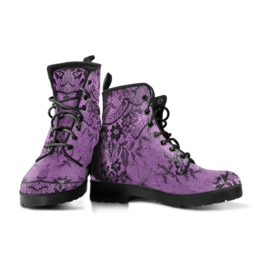 Pink and Black Lace Vegan Leather Combat Boots (REG23)