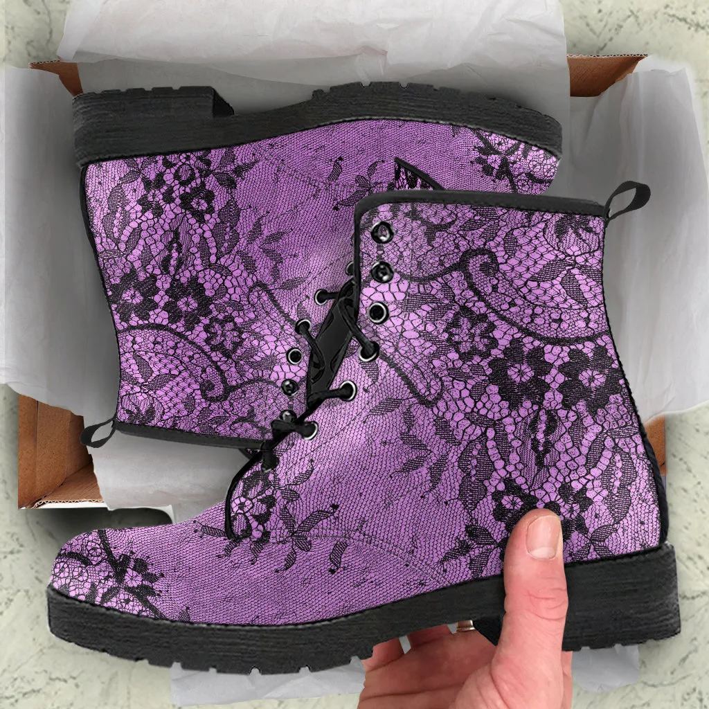 Pink and Black Lace Vegan Leather Combat Boots (REG23)