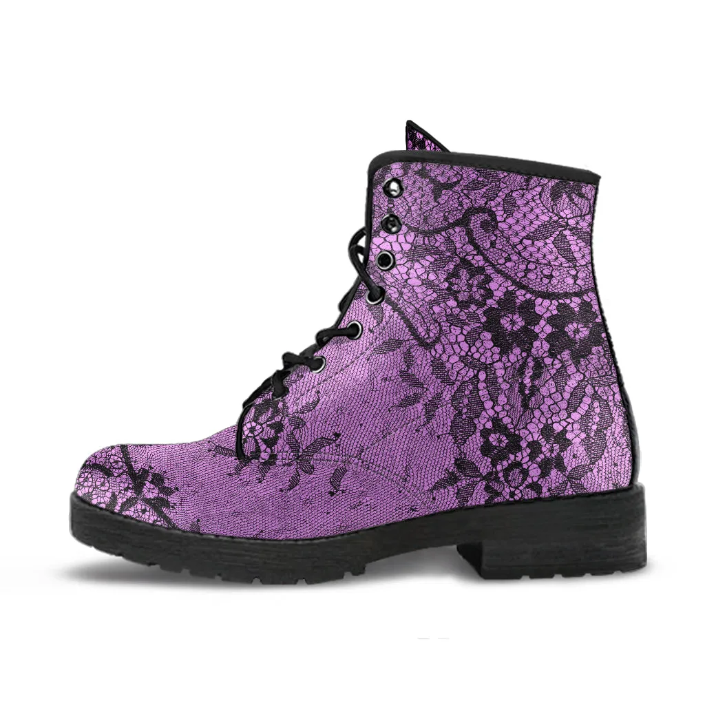 Pink and Black Lace Vegan Leather Combat Boots (REG23)