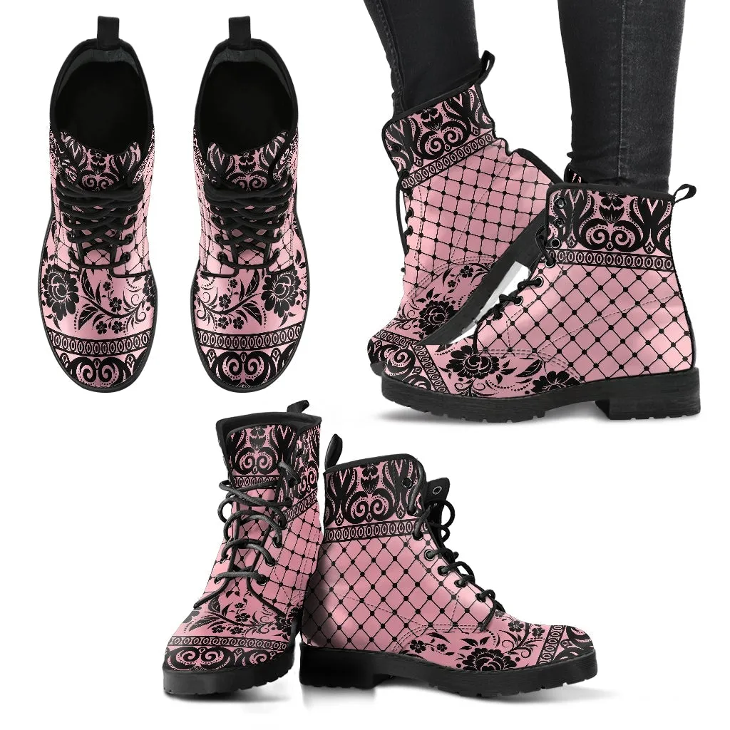 Pink Combat Boots-Gothic Lace Print 110