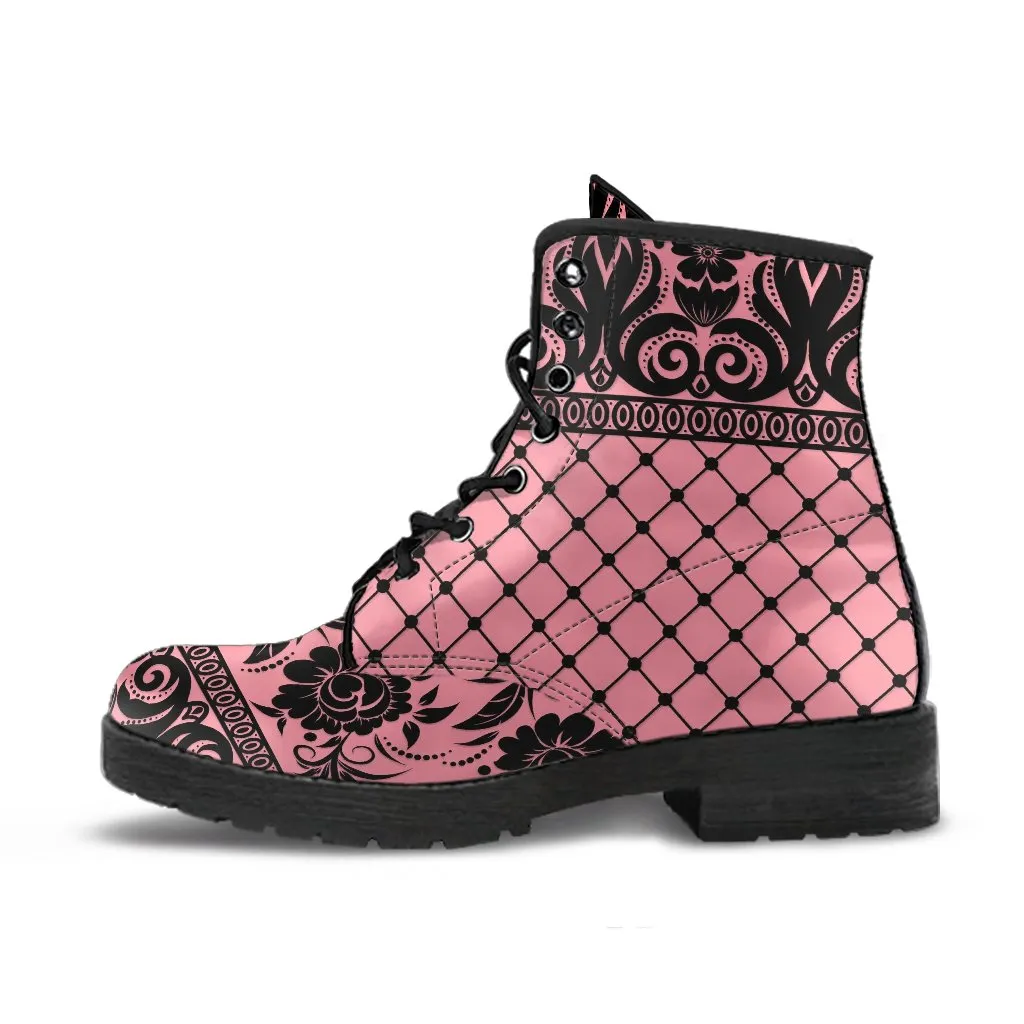 Pink Combat Boots-Gothic Lace Print 110