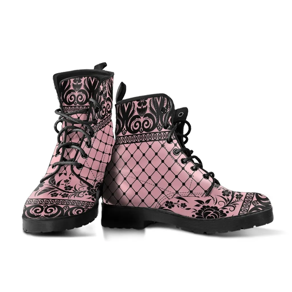 Pink Combat Boots-Gothic Lace Print 110