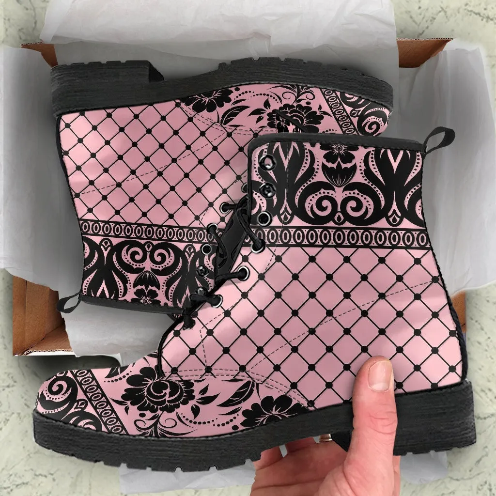 Pink Combat Boots-Gothic Lace Print 110