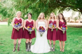 Summer Burgundy Spaghetti Strapless Short Bridesmaid Dresses with Cowgirl Boots