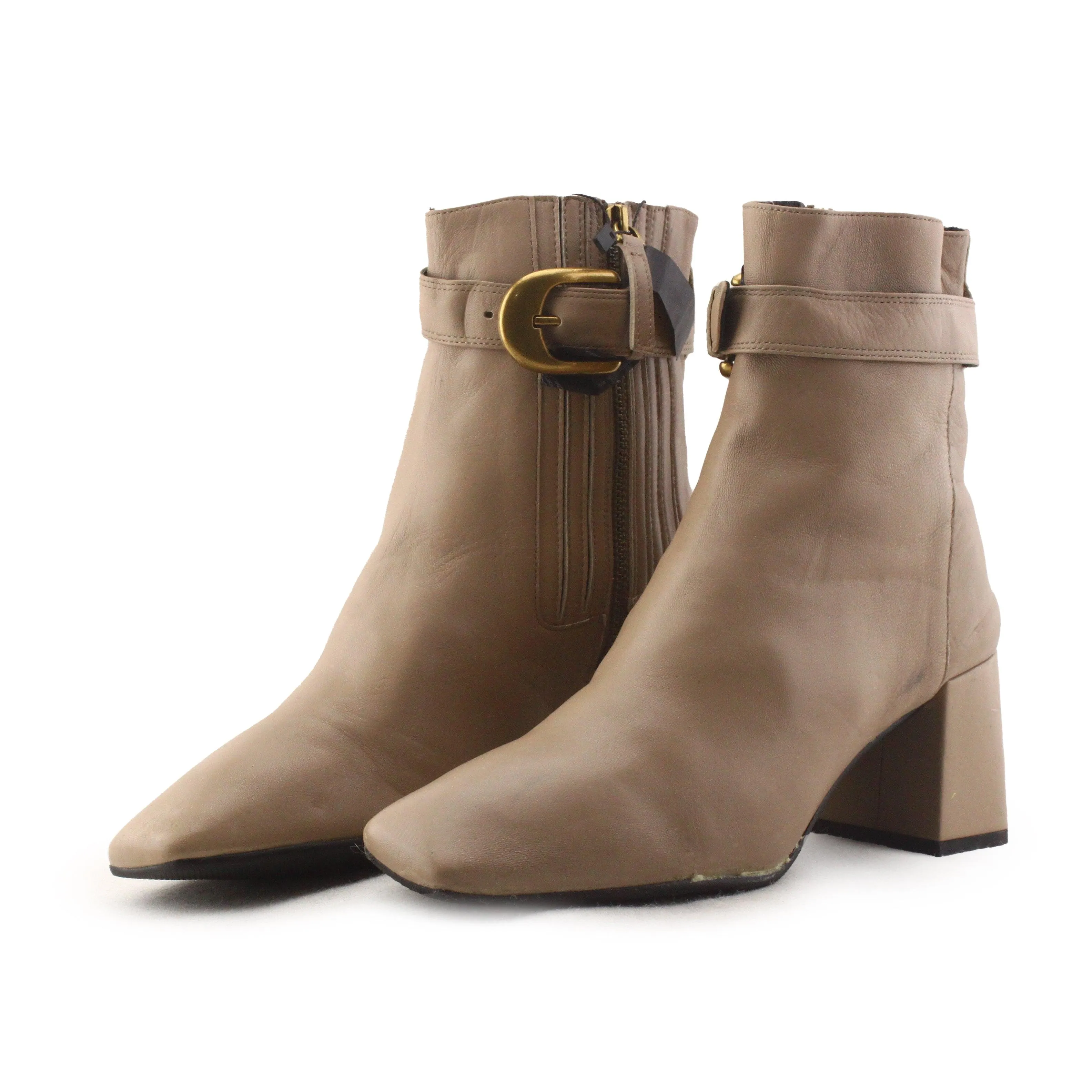 Uterque Buckle Straps Block Heels Ankle Boots | 100% Authentic Leather
