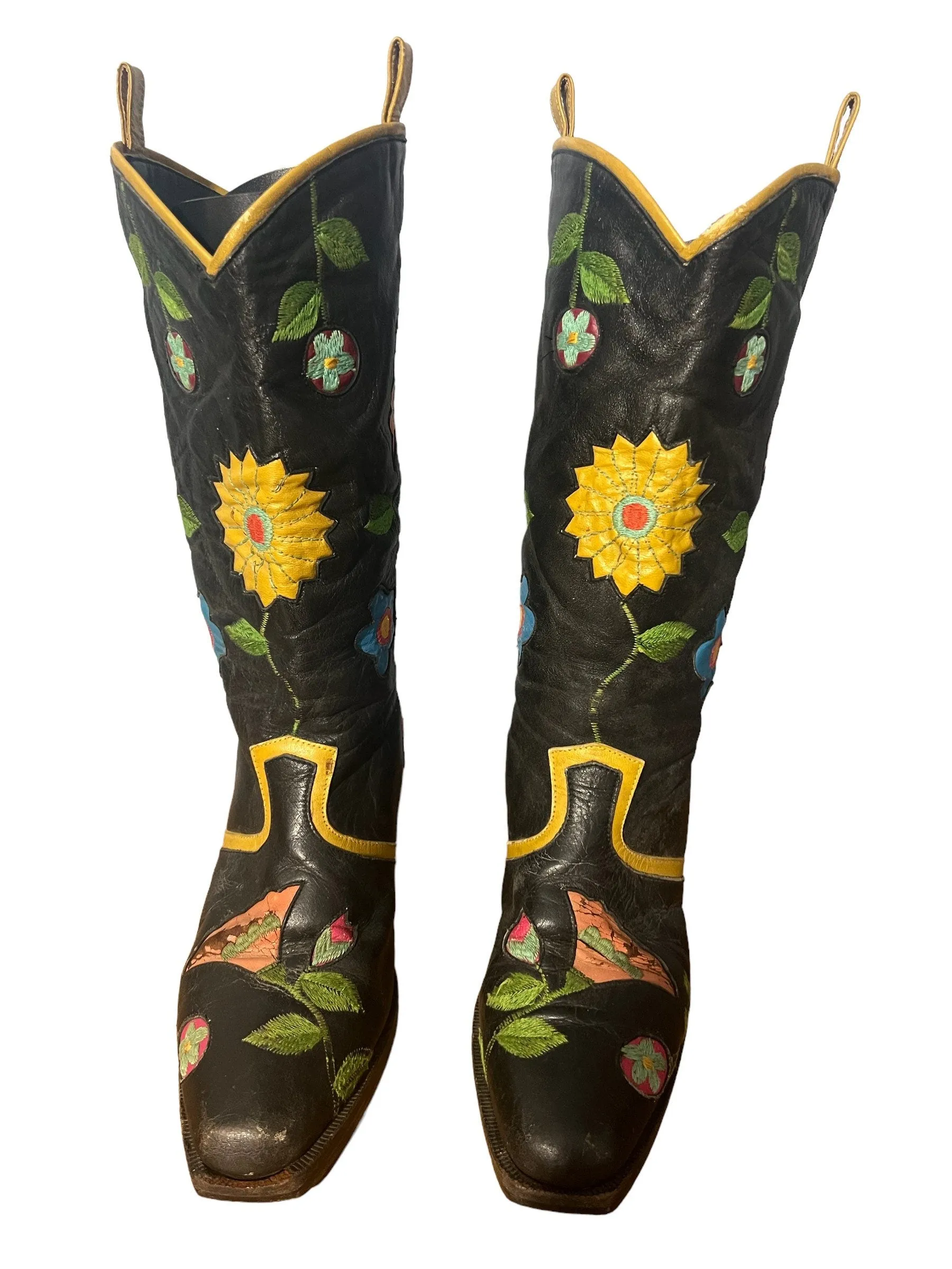 Vintage 60’s floral black leather boots 6B