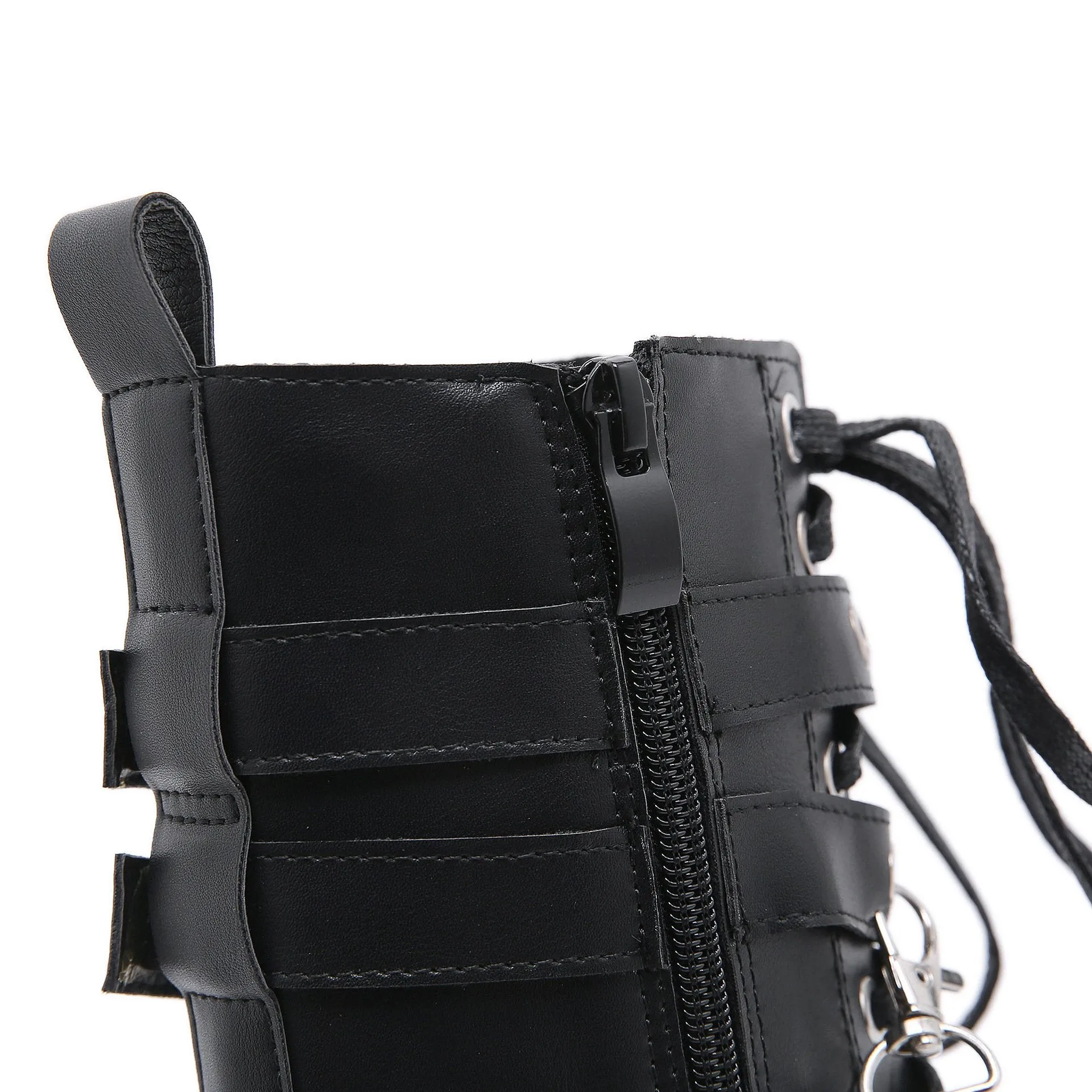 Women's black rivets buckle strap mid calf motorcycle boots