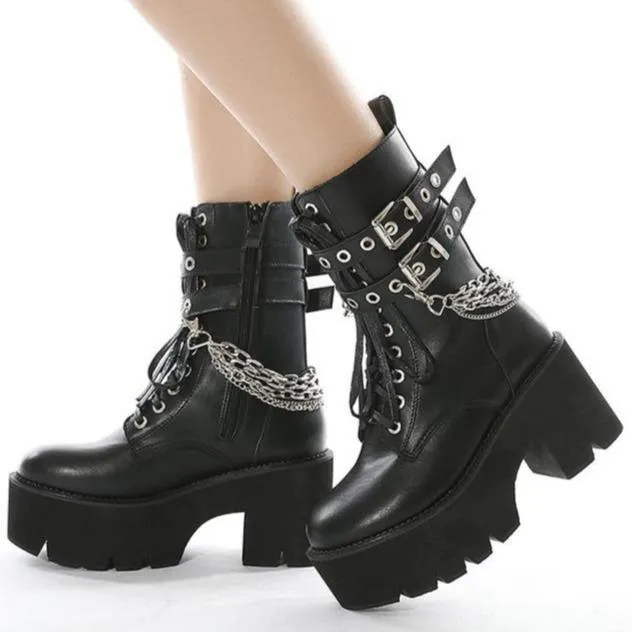 Women's black rivets buckle strap mid calf motorcycle boots