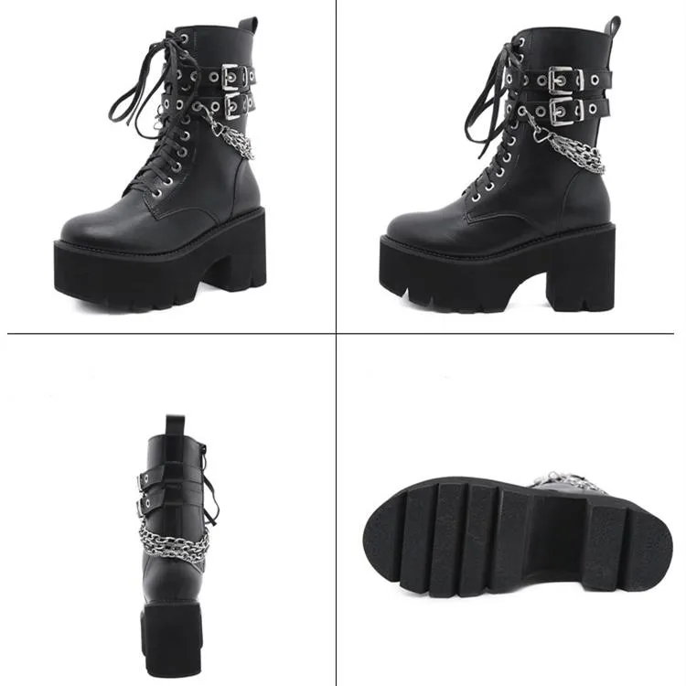 Women's black rivets buckle strap mid calf motorcycle boots