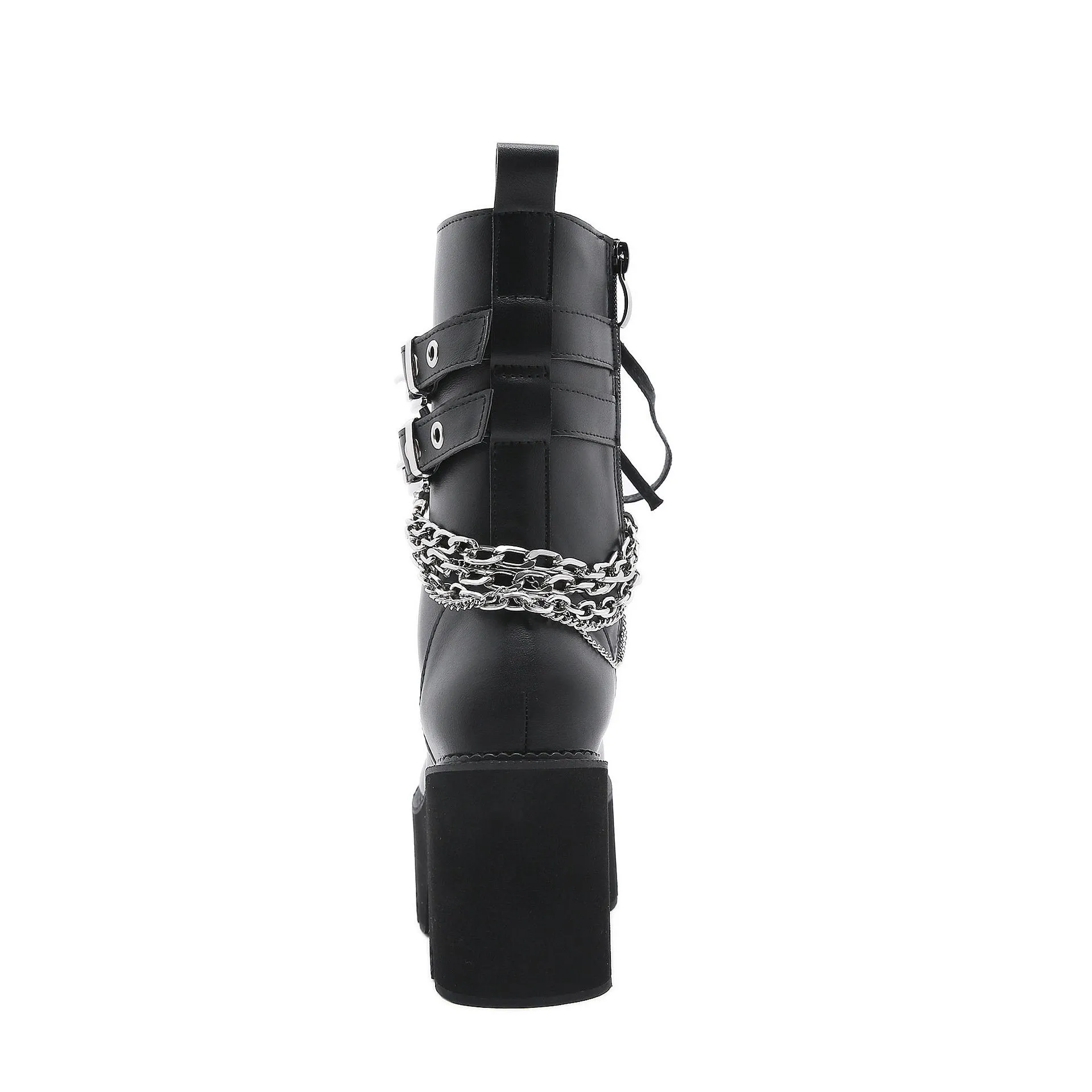 Women's black rivets buckle strap mid calf motorcycle boots