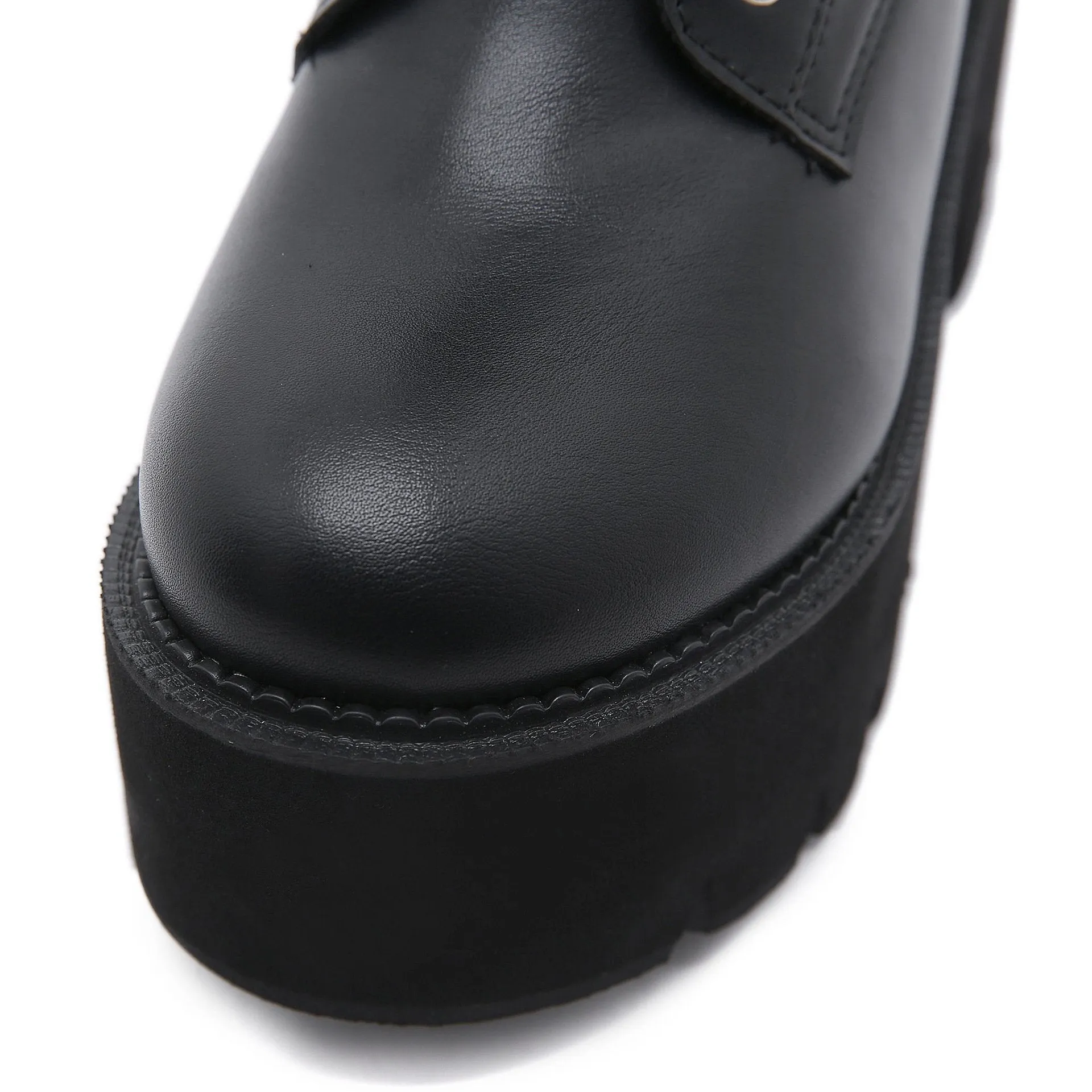 Women's black rivets buckle strap mid calf motorcycle boots