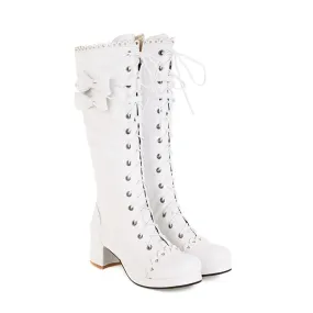 Womens' Lace Up Back Bow Heels Knee High Boots